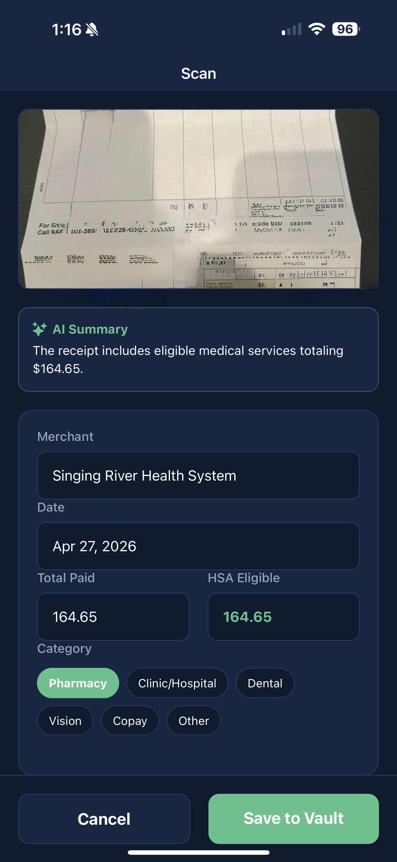 HSA Vault Receipt Detail Modal Mockup
